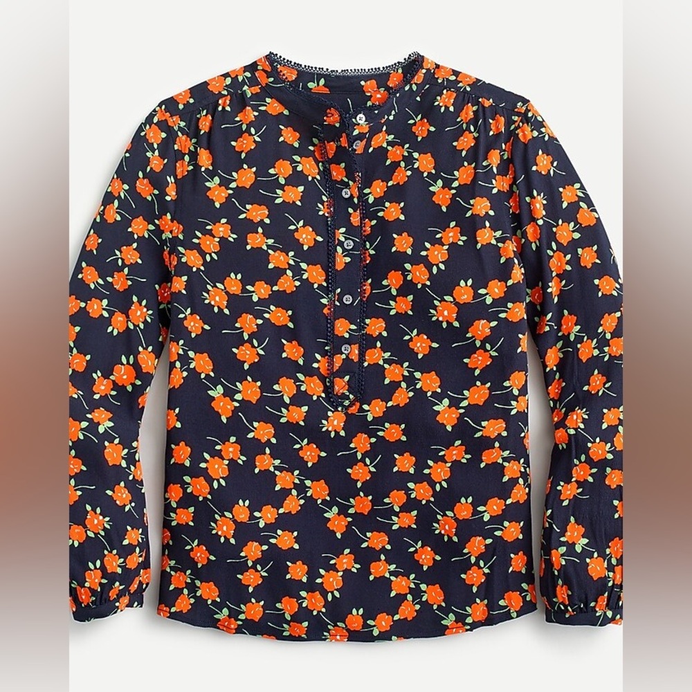 J Crew Poppy Fields Viscose crepe popover top navy red/orange poppy sz L.